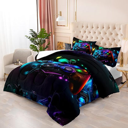 Gamer Comforter Set - Twin Size Video Game Bedding with Neon Gaming Pattern - Ideal for Boys' Gamer Room Decor