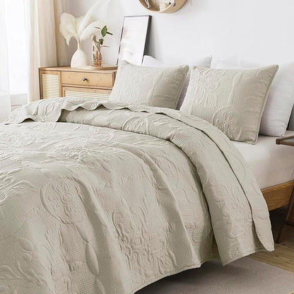 Light Beige Damask Quilt Queen Size Bedding Sets with 2 Pillow Shams, Boho Bedspread Lightweight Soft Farmhouse Vintage Bohemian Coverlet Retro Jacquard Pattern Bed Cover for All Season, 3 Pieces