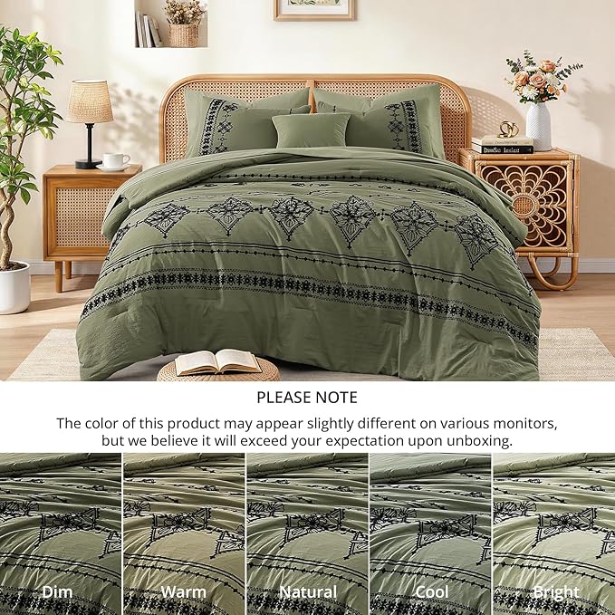 MaiRêve King Size Comforter Set Olive Green, Embroidery Floral Western Boho Bedding Set, All Season 7 Pieces Bed in a Bag with Sheets, Pillowcases & Shams