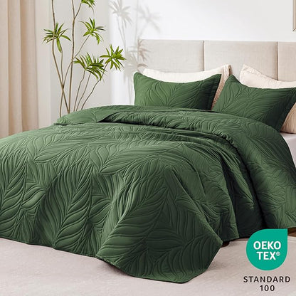 EXQ Home Quilt Set Twin Size Olive Green 2 Piece,Lightweight Soft Coverlet Modern Style Leaf Pattern Bedspread Set(1 Quilt,1 Pillow Sham)