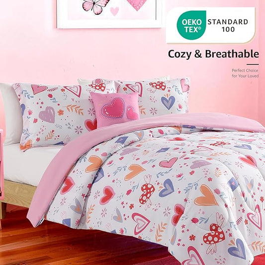 Twin Comforter Set for Girls-3 Pieces Heart Love Twin Bedding Sets for Kids,1 Comforter,1 Sham and 1 Decor Pillow