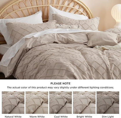 Bedsure Boho Duvet Cover Queen Size - Khaki Breathable & Soft Boho Bedding, Machine Washable Comforter Cover for All Seasons, Includes 1 Duvet Cover 90"x90" with 2 Pillow Shams & Zipper Closure