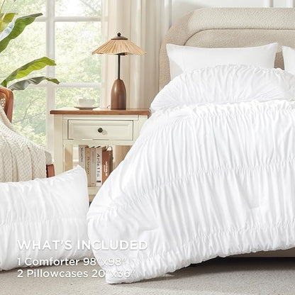 Andency Ruched White Oversized Queen Size Comforter Sets, Shabby Chic Pleated Bedding Sets 3 Pieces, Lightweight Soft Boho Ruffle Bed Set for Girls, Kids, Women, All Season