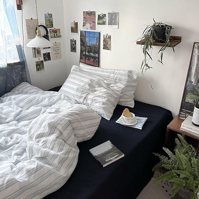 MKXI Twin XL Size Duvet Cover Set - 100% Washed Cotton Blue & White Striped Bedding, Soft & Breathable 3-Piece Set with Zipper Closure & Corner Ties, Modern Coastal Vintage Style