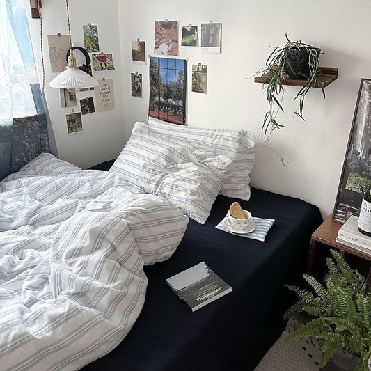 MKXI Twin Size Duvet Cover Set - 100% Washed Cotton Blue & White Striped Bedding, Soft & Breathable 3-Piece Set with Zipper Closure & Corner Ties, Modern Coastal Vintage Style