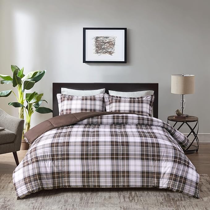 Madison Park Essentials Parkston Plaid Comforter, Matching Sham, 3M Scotchguard Stain Release Cover, Hypoallergenic All Season Bedding-Set, Full/Queen, Brown, 3 Piece