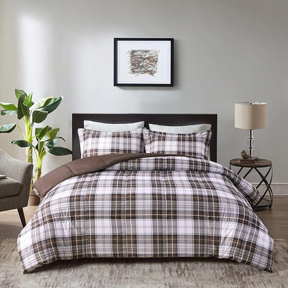 Madison Park Essentials Parkston Plaid Comforter, Matching Sham, 3M Scotchguard Stain Release Cover, Hypoallergenic All Season Bedding-Set, Full/Queen, Brown, 3 Piece