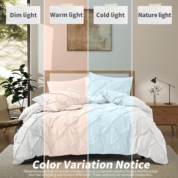 VACVELT 5 Piece Pinch Pleated Duvet Cover Full/Queen Size Set, White Pintuck Duvet Cover with Zipper & 8 Ties, Shabby Chic Microfiber Duvet Cover + 2 Pillow Shams + 2 Pillowcases, No Comforter