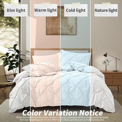 VACVELT 5 Piece Pinch Pleated Duvet Cover Full/Queen Size Set, White Pintuck Duvet Cover with Zipper & 8 Ties, Shabby Chic Microfiber Duvet Cover + 2 Pillow Shams + 2 Pillowcases, No Comforter