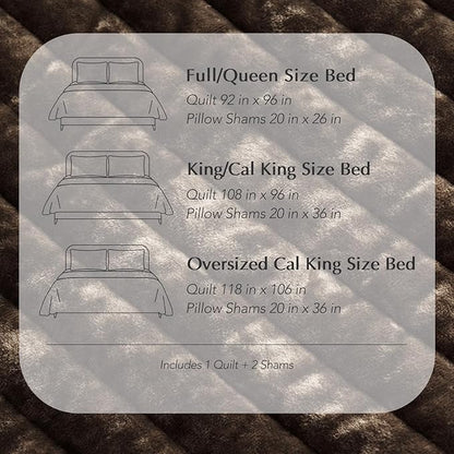 EVERGRACE Velvet Quilt Set California King 118'' x 106'', Luxurious Soft Striped Channel Bedding Set, Lightweight Velvet Comforter for All Season, Oversized Bedspread Coverlet w/ 2 Shams, Walnut Brown