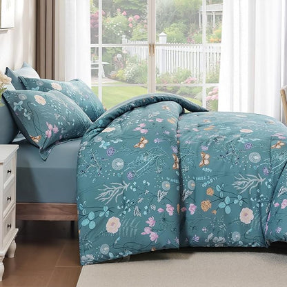 Yiran Queen Comforter Set, 7 Pieces Mineral Blue Floral Soft Bedding Sets, Queen Bed in a Bag with Botanical Flowers All Season Comforter, Sheets, Pillowcases & Shams