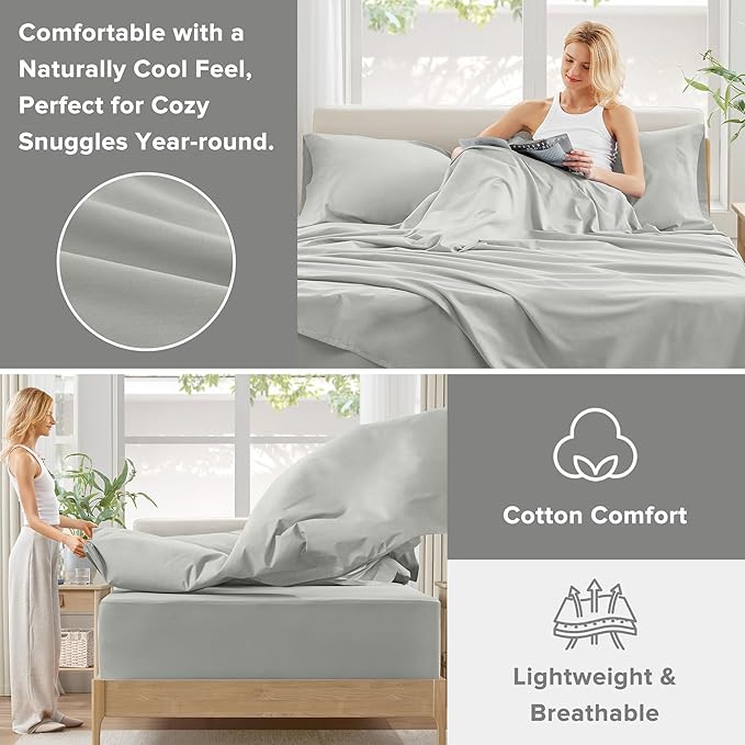 Comfort Spaces Extra Deep Pocket, 100% Cotton Queen Fits up to 24" Mattress, Breathable, Naturally Cool Cotton, Soft Cotton Sheets, All Seasons Sheet Set, Grey 4 Piece