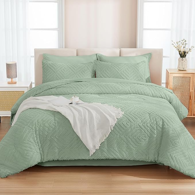 Andency Super King Plus Comforter Set Sage Green - 7 Pieces Bed in a Bag Oversized King Bedding Sets, Boho Tufted Lightweight Fluffy Bed Set with Comforter, Sheets, Pillowcases & Shams