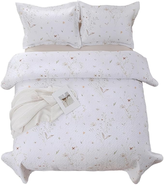Queen Size Quilt Bedding Set, White Floral Quilt Lightweight Reversible Quilted Bedspreads Coverlets with 2 Pillow Shams for All Seasons (90"×90")
