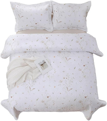 Queen Size Quilt Bedding Set, White Floral Quilt Lightweight Reversible Quilted Bedspreads Coverlets with 2 Pillow Shams for All Seasons (90"×90")