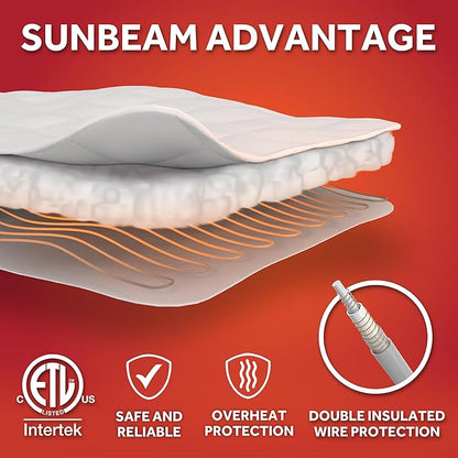 Sunbeam Premium Quilted Electric Heated Mattress Pad Twin 39" x 75" - 12 Heat Settings, 12-Hour Selectable Auto Shut-Off, Fast Heating, Warming Bed, Machine Washable, Extra-Soft Warm Cozy