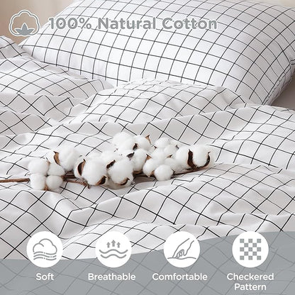 TOCOMOA Checkered Duvet Cover Set 100% Natural Cotton Soft Comfy Breathable 3 Piece White and Black Gingham Pattern Printed Comforter Cover Bedding Set (Queen 90"x90", Comforter Not Included)