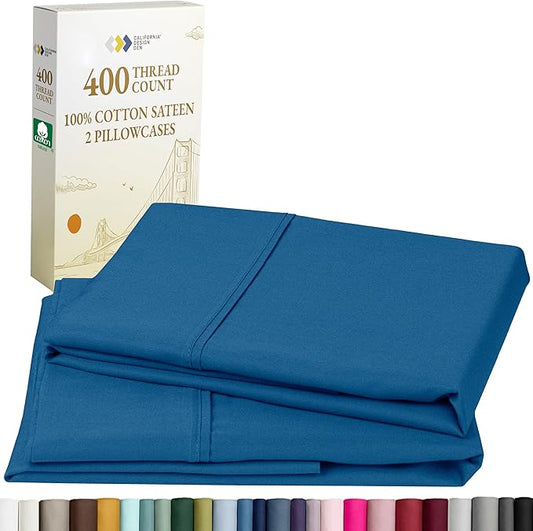 California Design Den Standard/Queen Pillow Cases Set of 2-400 Thread Count Sateen, Natural 100% Cotton Pillowcases Standard, Soft, Roomy and Breathable - Cobalt Blue