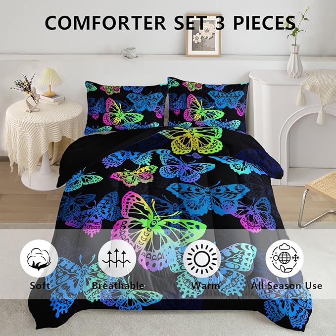 Axolotl Colorful Butterflies Bedding Set,Queen Size Kids Bed Set,Gradient Butterfly Comforter Set,1 Quilt with 2 Pillowcases for Boys Girls Kids Teens Children Adults Room Decor All Season,Black