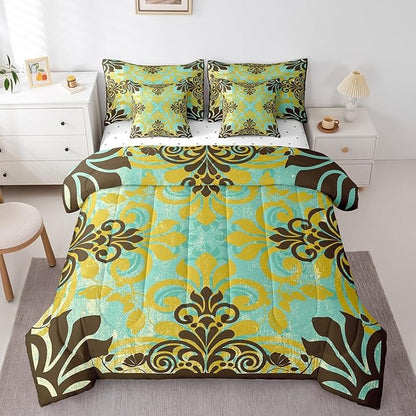 Erosebridal Bohemian Damask Bed in a Bag Queen Comforter Set 7 Piece,Exotic Flowers Bedding Sets Antique Victorian Gothic Vintage Floral Sheet Set with Comforter