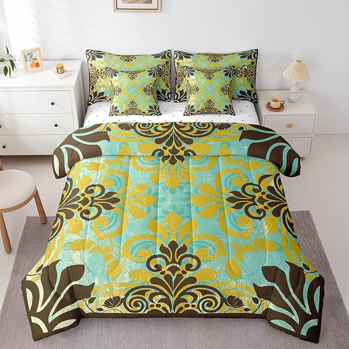 Erosebridal Bohemian Damask Comforter Set 7 Piece Bed in a Bag Twin,Exotic Flowers Bedding Sets Antique Victorian Gothic Vintage Floral Sheet Set with Comforter