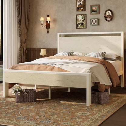 SHA CERLIN 14 Inch Full Metal Platform Bed Frame with Wooden Headboard and Footboard, No Box Spring Needed, Large Under Bed Storage, Heavy Duty Slats Support, White Washed Oak