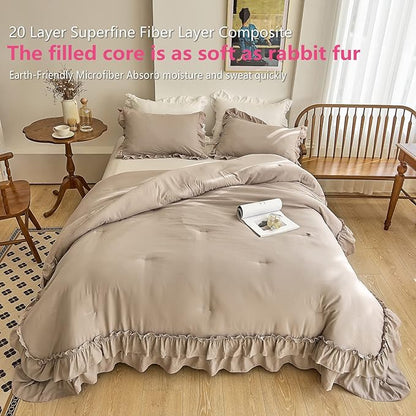 AIKASY Taupe Comforters King Size Set, Vintage Boho Chic Farmhouse Bedding Sets Shabby Ruffle Queen Bed Comforter Bedding 3PCS（1 Comforter and 2 Pillowcases）