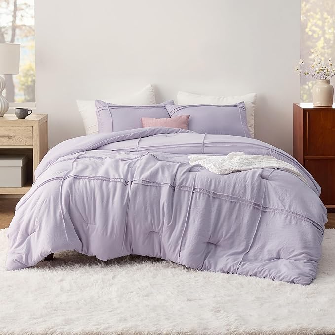 Bedsure Queen Comforter Set with Sheet - 4 Pieces Soft Lavender Purple Bedding, Grid Pinch Pleat, All Season Lightweight Fluffy Bed Set with Solid Boho Comforter, Pillowcases & Sheet