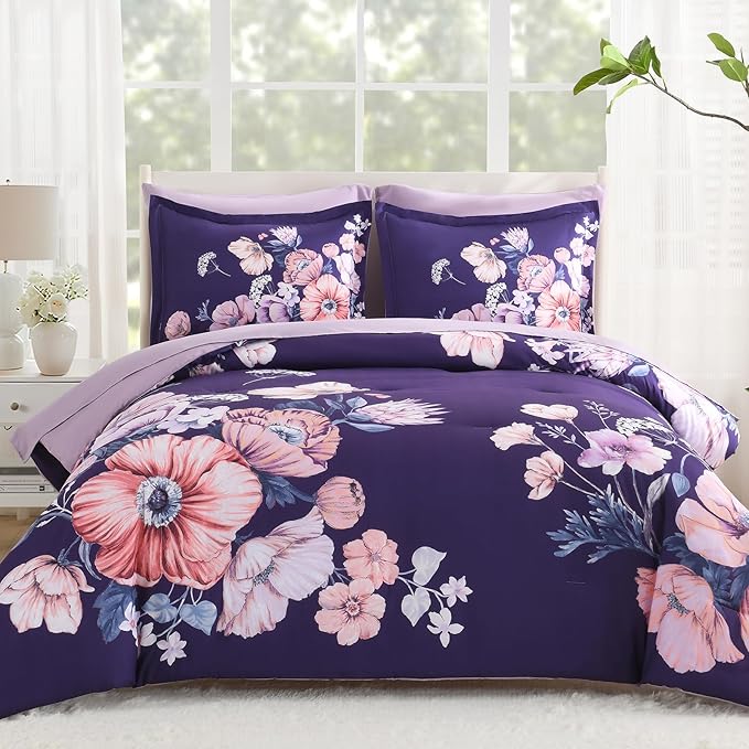 Queen Comforter Set - 7 Pieces Bed in a Bag Dark Purple Floral Queen Comforter Set with Sheets, Soft Microfiber Flower Complete Bedding Set for All Seasons（Dark Purple,90"x90"）