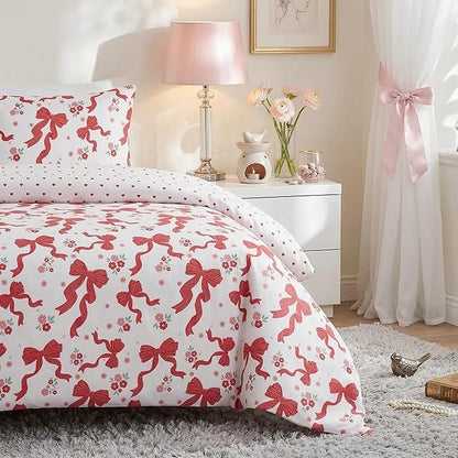 Red Bow Comforter Set King Szie for Girls, 3Pcs Ribbon Bowknot Bedding for Kids Kawaii Bedroom Decor, Dreamy Priness Girly Puple Stripe Bows Comforter Set with 2 Pillowcases, 104"x90"