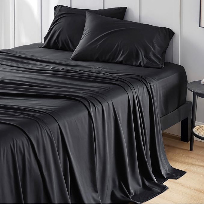 Bedsure Full Size Bed Sheets, Cooling Sheets, Rayon Derived from Bamboo, PureWoven, Breathable & Soft, Deep Pocket Up to 16 Inches, Hotel Luxury Silky Bedding for Hot Sleepers, Black