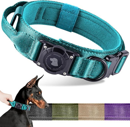 2026 Upgrade Waterproof Tactical AirTag Dog Collar, Built in AirTag Holder | Comfortable Control Handle, Quick Release Metal Buckle, Durable 1000D Nylon, For Medium to Large Dogs, Blue, L