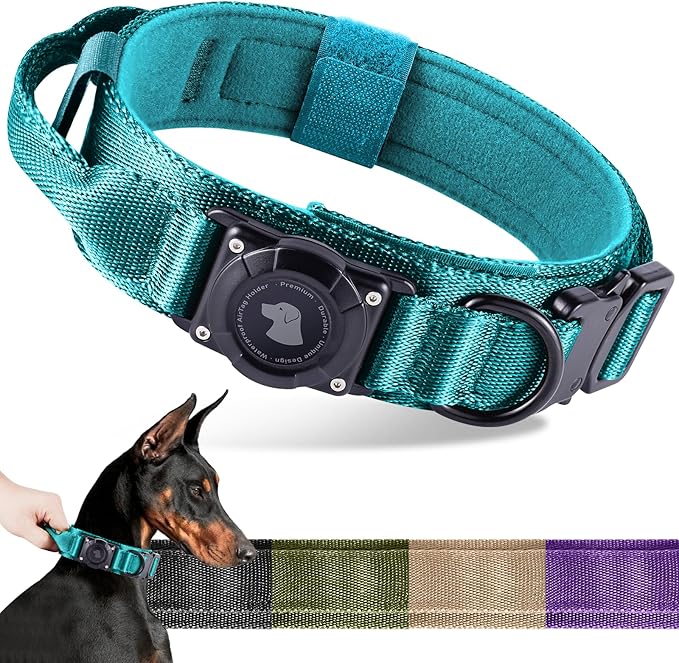 2026 Upgrade Waterproof Tactical AirTag Dog Collar, Built in AirTag Holder | Comfortable Control Handle, Quick Release Metal Buckle, Durable 1000D Nylon, For Medium to Large Dogs, Blue, XL