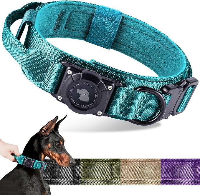 2026 Upgrade Waterproof Tactical AirTag Dog Collar, Built in AirTag Holder | Comfortable Control Handle, Quick Release Metal Buckle, Durable 1000D Nylon, For Medium to Large Dogs, Blue, M
