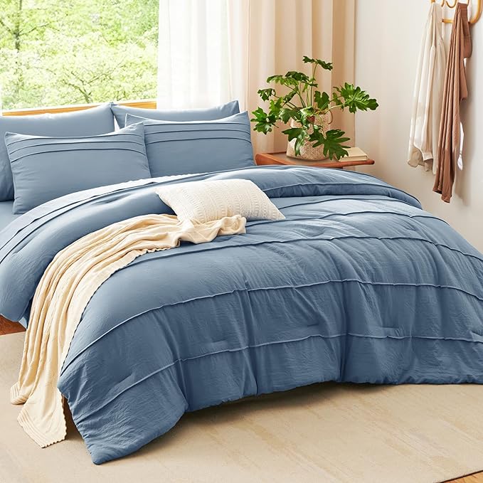CozyLux Full Size Comforter Set Grayish Blue, 7 Pieces Soft Pinch Pleat Bed in a Bag Full Comforter Set with Sheets, Boho Bed Set with Down Alternative Comforter, Sheets, Pillowcases & Shams