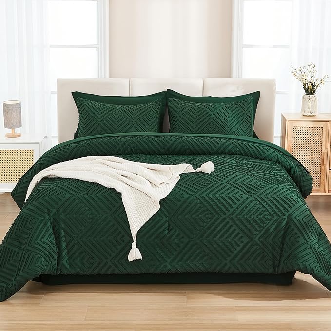 Andency King Size Comforter Set 7 Pieces Dark Emerald Green - Bed in a Bag King Boho Lightweight Fluffy Tufted Bedding Sets with Quilt Comforter, Sheets, Pillowcases & Shams