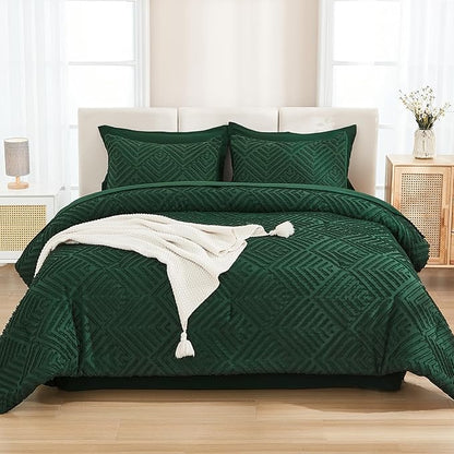 Andency King Size Comforter Set 7 Pieces Dark Emerald Green - Bed in a Bag King Boho Lightweight Fluffy Tufted Bedding Sets with Quilt Comforter, Sheets, Pillowcases & Shams