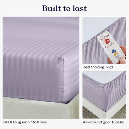 Luxury Split King Adjustable Bedsheets, Soft 100% Cotton, 500 Thread Count Sateen, Snug Fit, Set With Twin-XL Fitted Sheets, Sheets For Bed In Damask Stripe (Split King, Stripe - Lavender)
