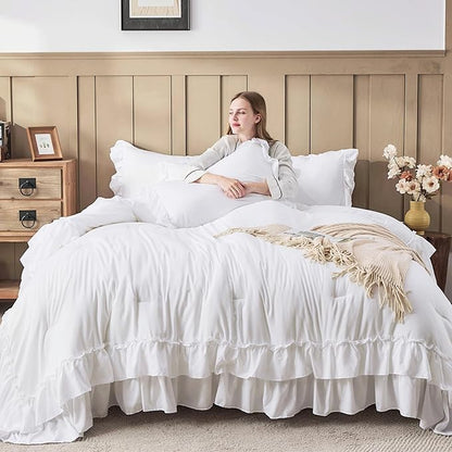Andency White California King Comforter Set, 3 Pieces Lightweight Fluffy Farmhouse Shabby Chic Bedding Comforter Sets, Soft Polyester All Season Cal King Bed Sets(104x96Inch)