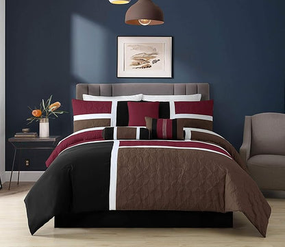 Chezmoi Collection Upland 7-Piece Quilted Patchwork Comforter Set, Burgundy/Black/Brown, Queen