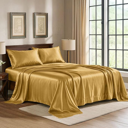 Satin Sheets King [4-Piece, Gold] Hotel Luxury Silky Bed Sheets - Extra Soft 1800 Microfiber Sheet Set, Wrinkle, Fade, Stain Resistant - Deep Pocket Fitted Sheet, Flat Sheet, Pillow Cases