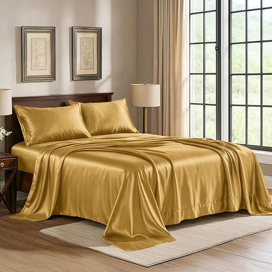 Satin Sheets Queen [4-Piece, Gold] Hotel Luxury Silky Bed Sheets - Extra Soft 1800 Microfiber Sheet Set, Wrinkle, Fade, Stain Resistant - Deep Pocket Fitted Sheet, Flat Sheet, Pillow Cases