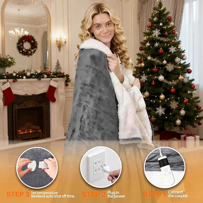 Electric Heated Blanket Twin Size 62''x84'' -Control Heating Blanket, Soft & Warm Flannel 10-Level Temperature Control, 8 Hours Auto Off, Rapid Heating & Overheat Protection