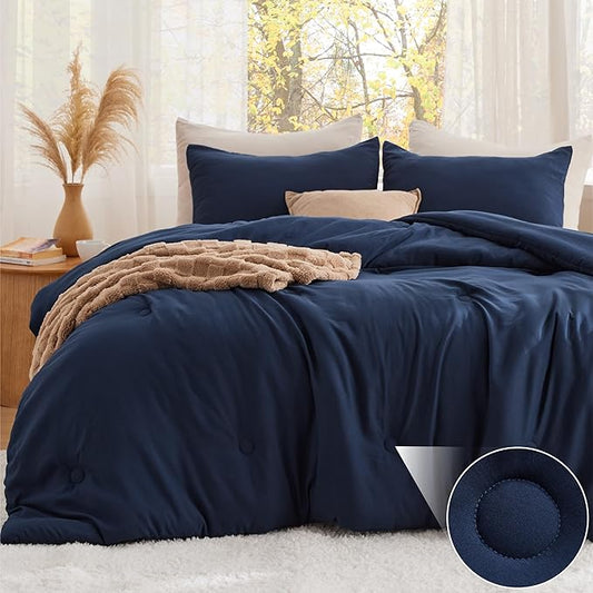 Bedsure King Size Comforter Set Navy, Soft Prewashed King Bedding, Quilted Comforter with Circle Design, Down Alternative Comforter for All Seasons, 3 Pieces Bed Set with 2 Pillow Shams