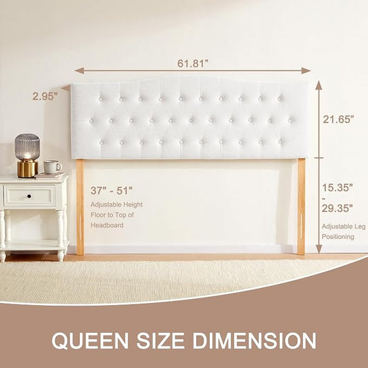 Tufted Headboard Queen Size, Solid Wood Adjustable Height Head Board, White | Upholstered Queen Headboard Only with Durable Solid Wood Legs, Adjustable Height 37-51 in, Fabric Button Diamond HeadBoards
