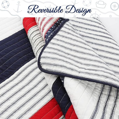 Cozy Line Home Fashions 100% Cotton Sailor Navy Blue Star Striped Reversible Bedding Quilt Set (Patriotic Stripe, Twin)