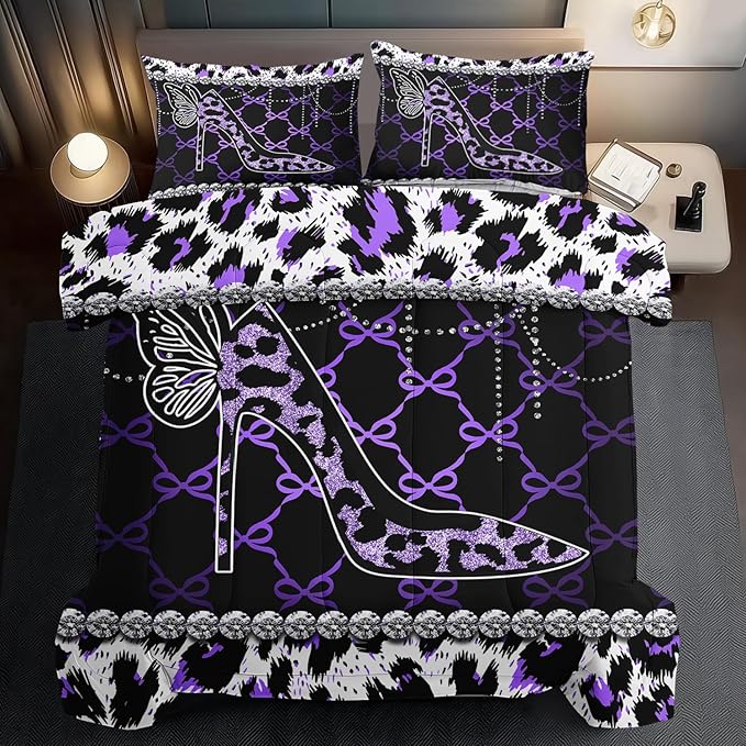 Purple Cheetah Print Comforter Set Full Women Sexy High Heels Leopard Print Bedding Set Girls High Heels Leopard Comforter Quilt Animal Bedroom Decor Cheetah Bedding Bed Decor