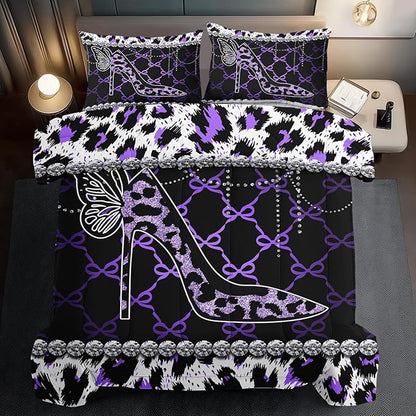 Purple Cheetah Print Comforter Set King Women Sexy High Heels Leopard Print Bedding Set Girls High Heels Leopard Comforter Quilt Animal Bedroom Decor Cheetah Bedding Bed Decor