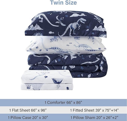 Blue Dinosaur Twin Comforter Set for Boys, 5 Pieces Kids Bedroom Bedding with Sheets and Pillowcase, Super Soft Lightweight for All Season, Machine Washable