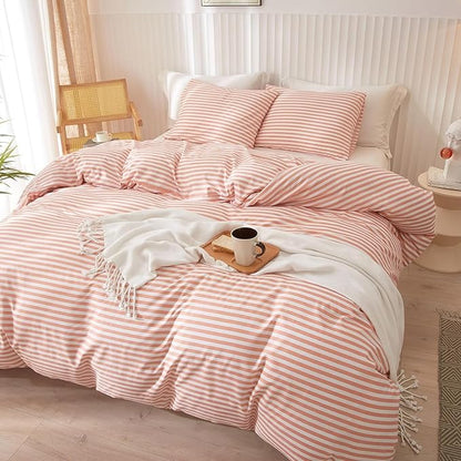 LifeTB King Size Comforter Set Pink White Stripes Pattern Comforter Modern Striped Comforter Set Fluffy Lightweight 3 Pieces Bedding Comforter Farmhouse Stripes Boho Bed Comforter with 2 Pillowcases